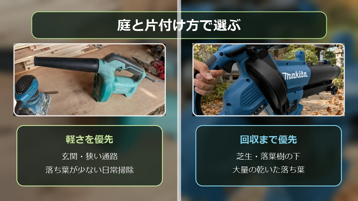 軽さと短時間の掃除ならブロワーで落ち葉の量と回収重視ならブロワーバキュームを選ぶ図