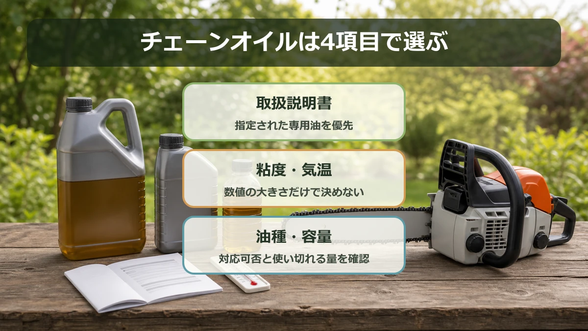 チェーンソーオイルをメーカー指定・粘度・油種・容量で選ぶ図解