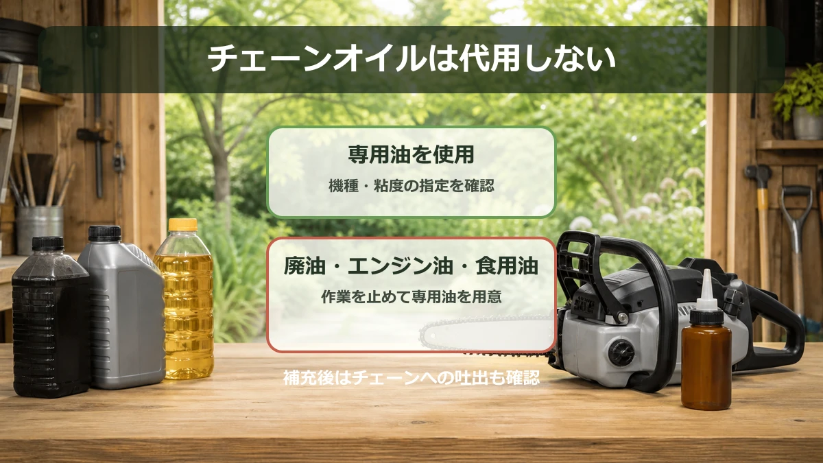 廃油・エンジンオイル・食用油をチェーンソーオイルの代用にしない注意図解