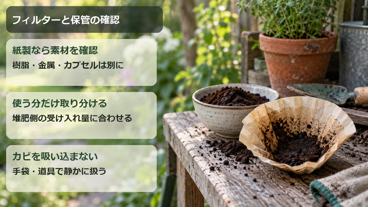 紙フィルターの素材を確認し、コンポストで使える量を取り分け、カビや粉を吸い込まず扱うポイント