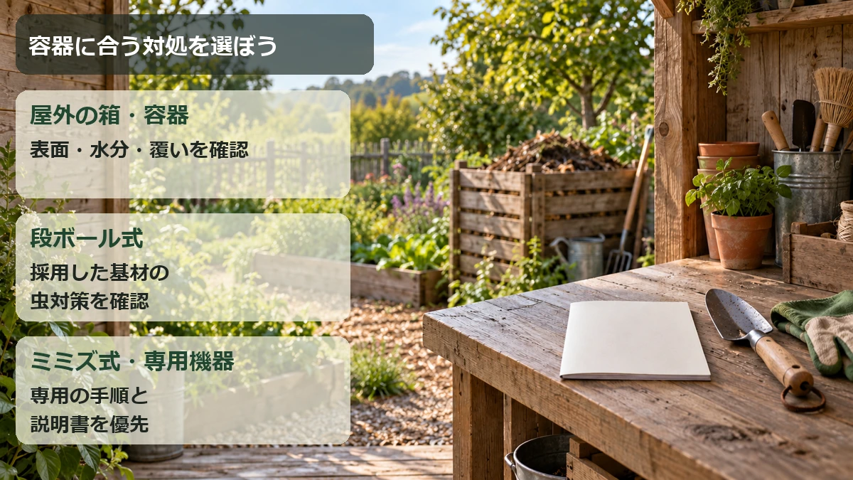 屋外の箱は状態の確認、段ボール式は採用した基材の虫対策、ミミズ式や専用機器は説明書を優先する