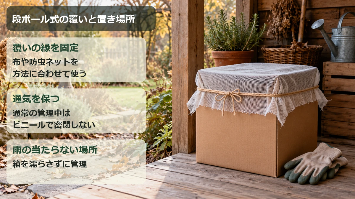 段ボールコンポストの覆いを固定し、通気を保ち、雨の当たらない場所で管理するポイント