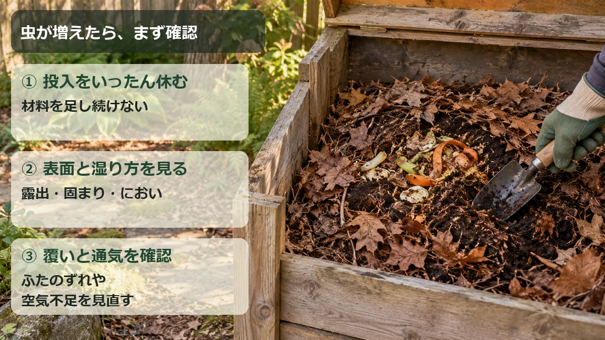 虫が増えたら投入を休み、材料の表面と湿り方、覆いと通気を確認する3つの手順