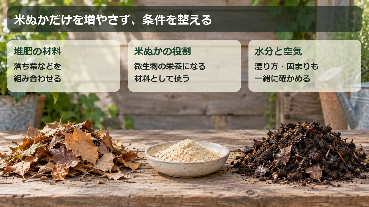 落ち葉などの材料、米ぬか、水分と空気を組み合わせて管理する考え方