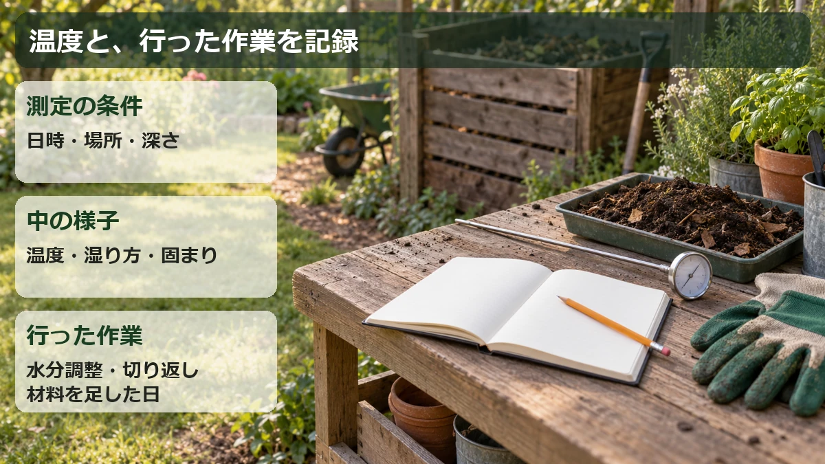 日時・測定場所・温度・湿り方・行った作業を記録し、次の測定と比較する管理ノートの図解