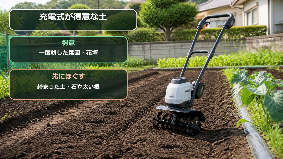 充電式耕運機に向く土と事前にほぐしたい硬い土を示す図解