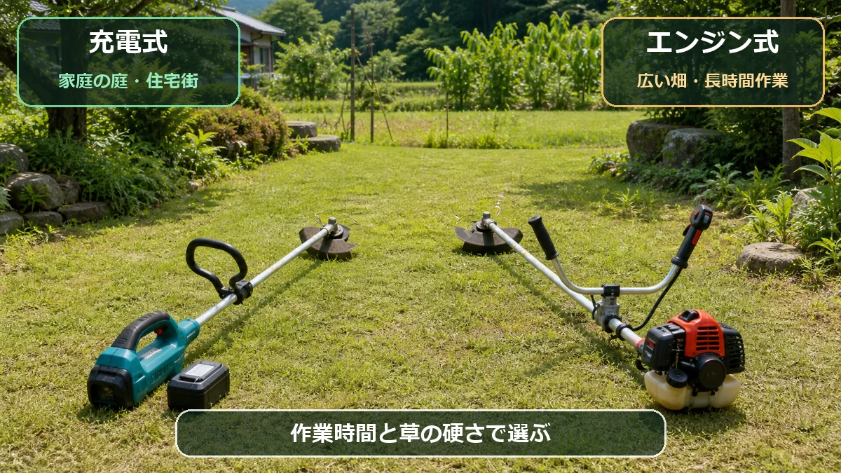 家庭の庭には充電式、広い畑や密集草にはエンジン式という草刈機の選び分けを示す図解