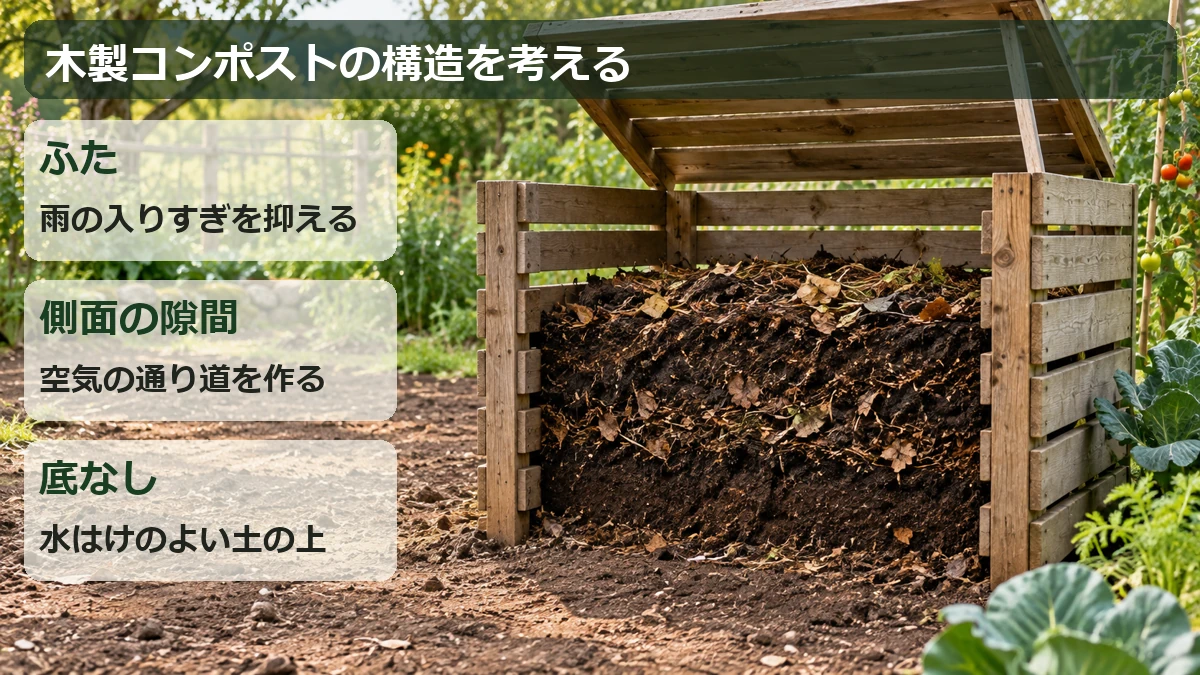ふた、側面の通気用の隙間、底を設けず土に接する構造を示す木製コンポストの模式図