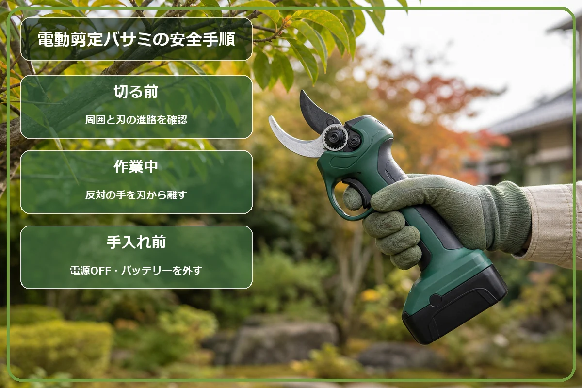 電動剪定バサミを安全に使うための準備と停止手順