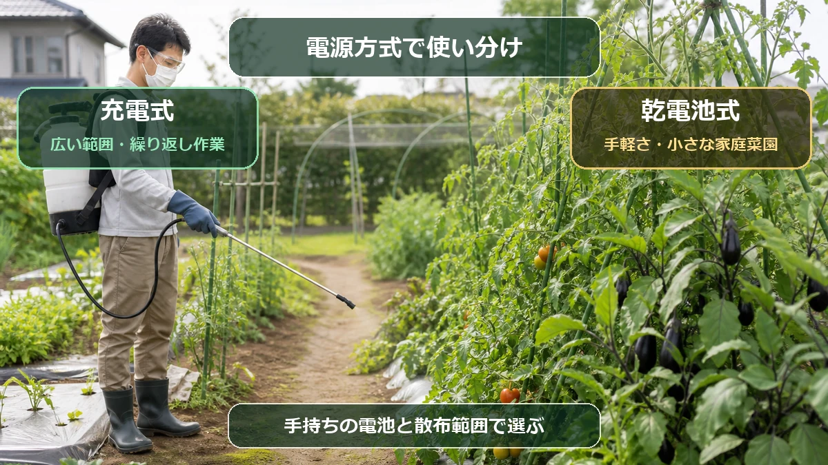 充電式と乾電池式の電動噴霧器の違いを比較した図解
