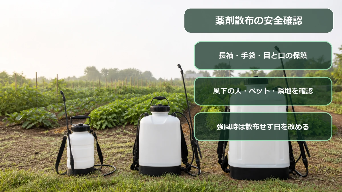 電動噴霧器で薬剤を散布するときの服装と風向きの安全ポイントを示す図解