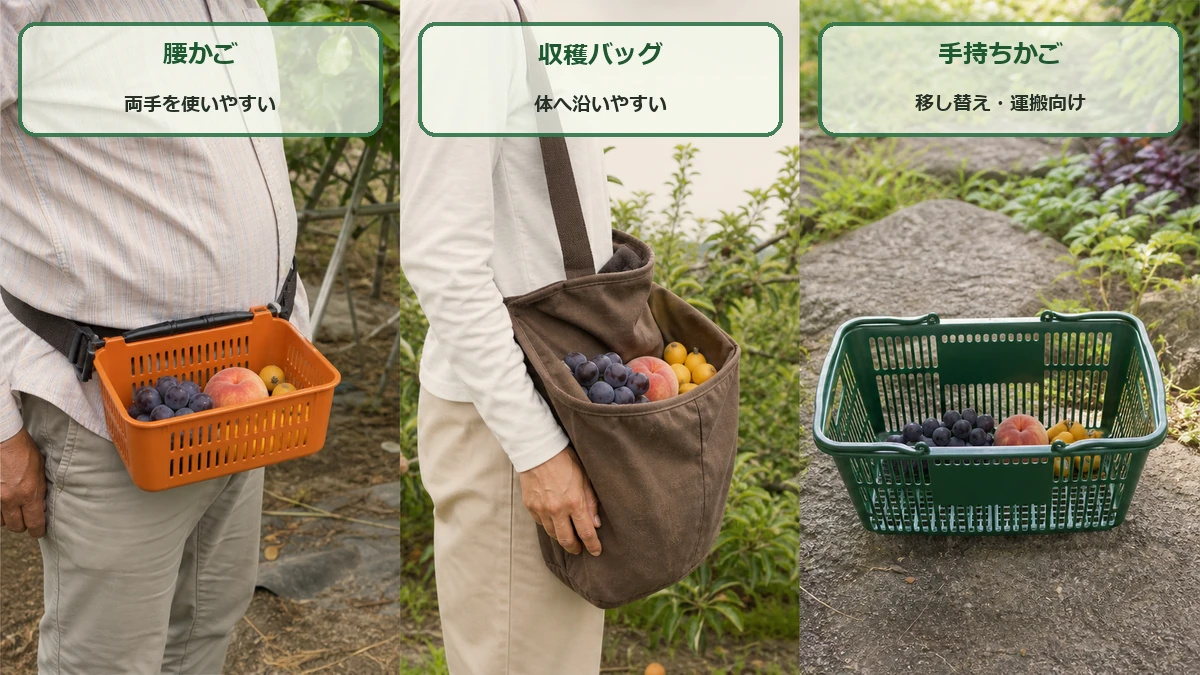 腰かご・柔らかい収穫バッグ・手持ちかごの違い