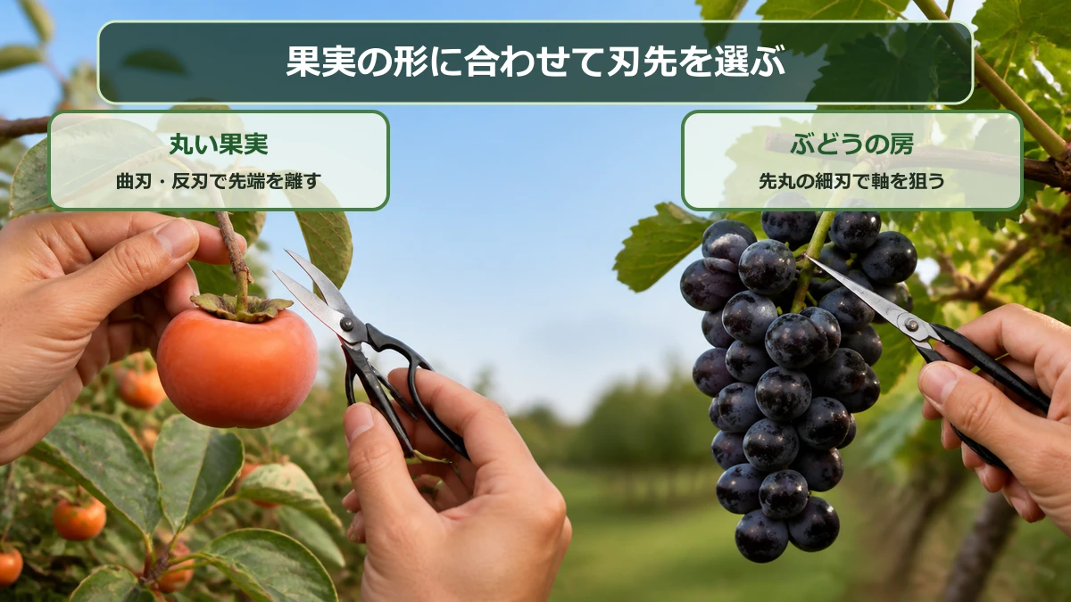 丸い果実には曲刃、ぶどうの房には細刃を選ぶ目安