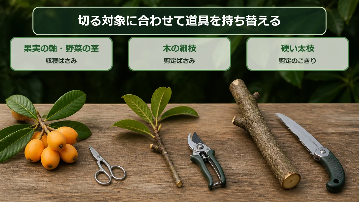 果実の軸には収穫ばさみ、木の枝には剪定ばさみを使い分ける図解