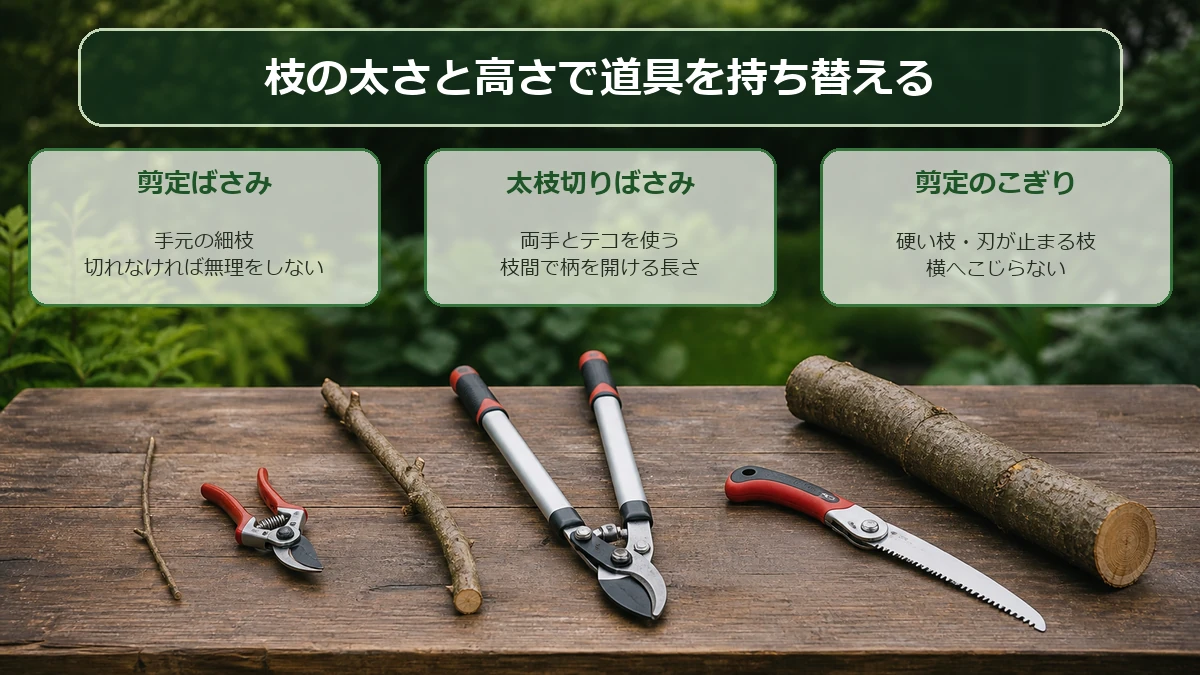 果樹の細枝は剪定ばさみ、中太枝は太枝切りばさみ、硬い枝は剪定のこぎりへ使い分ける図解