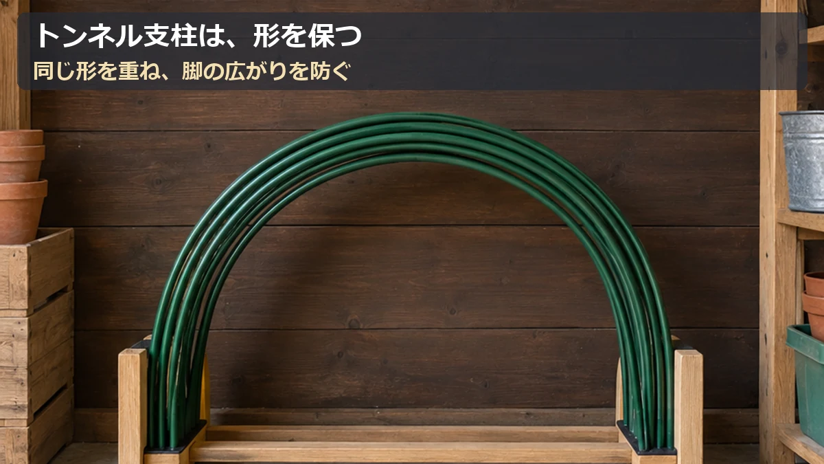 同じ形のトンネル支柱を曲げ直さずに重ね、脚が広がらない受けへ収める図解