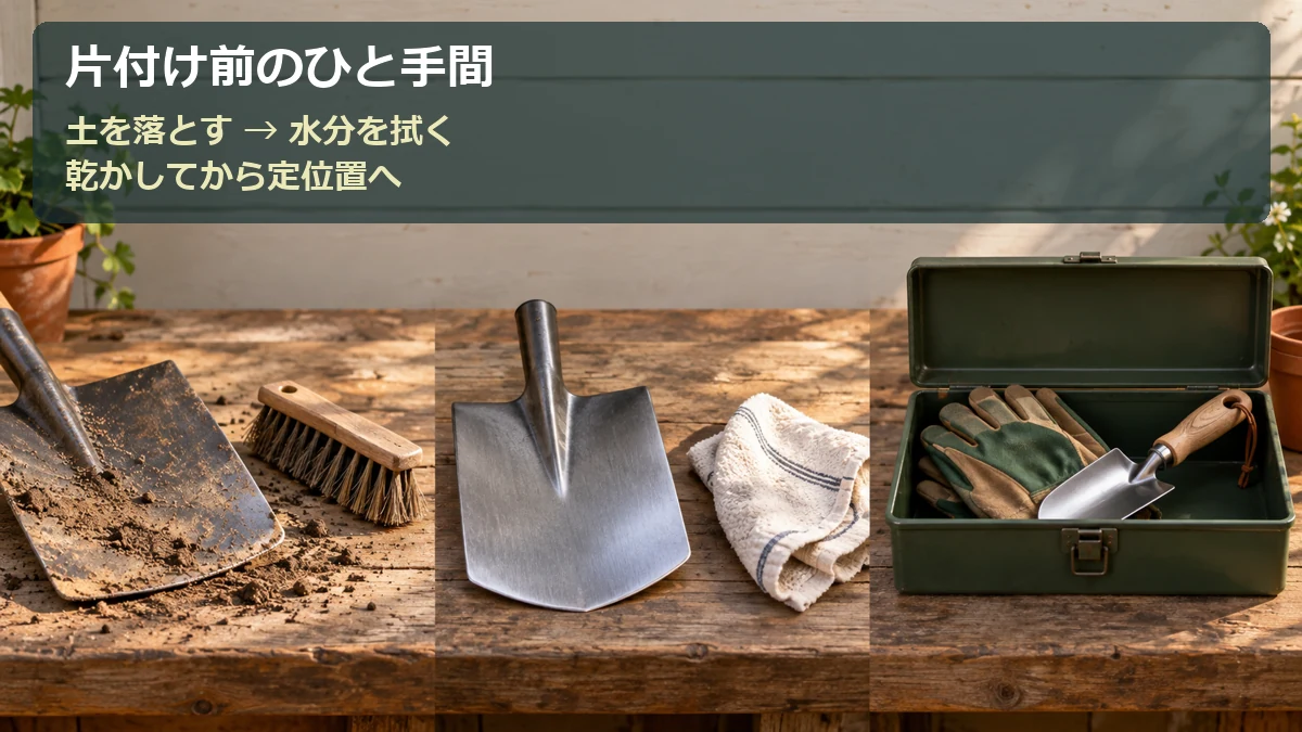 ブラシで土を落とし、布で水分を拭き、乾いた道具を収納する手順の図解