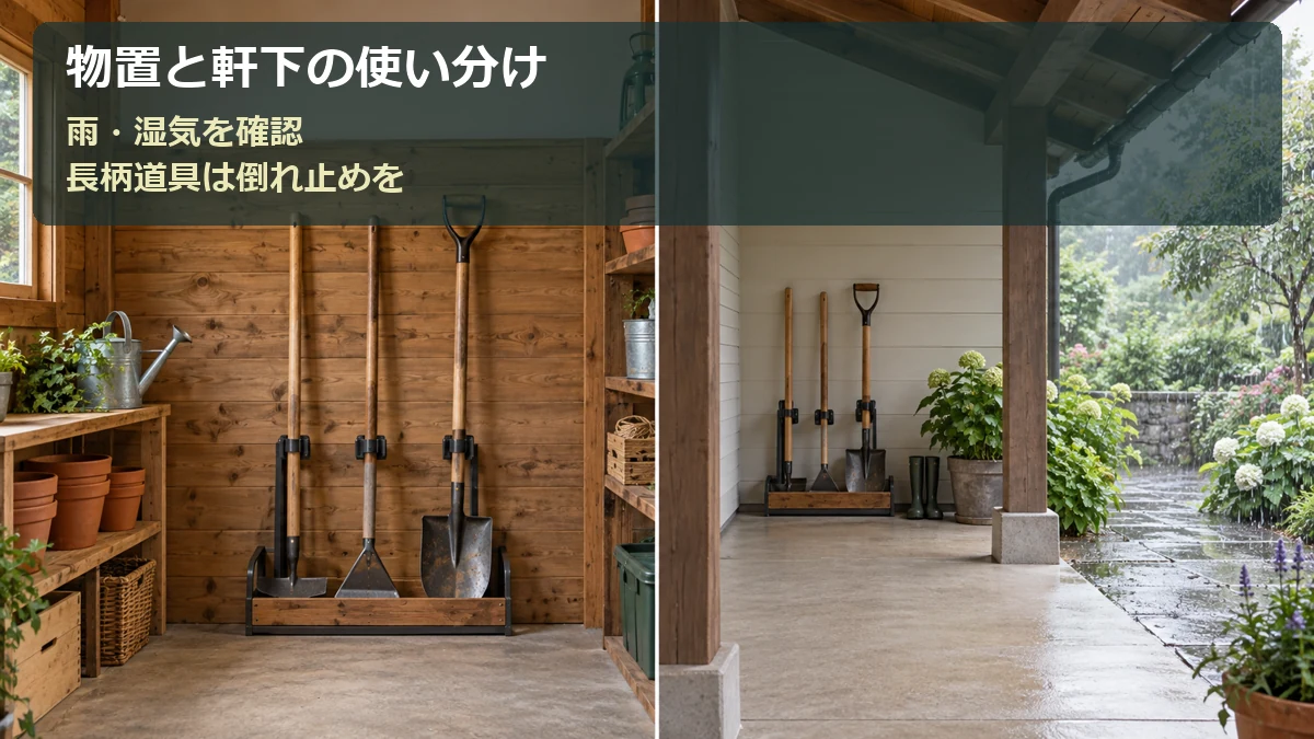 物置と軒下の収納場所を比べ、雨の吹き込みと道具の固定を確認する図解