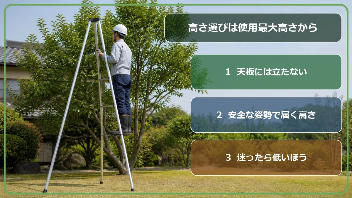 園芸用三脚は天板高さではなく使用最大高さから選ぶことを示す図解