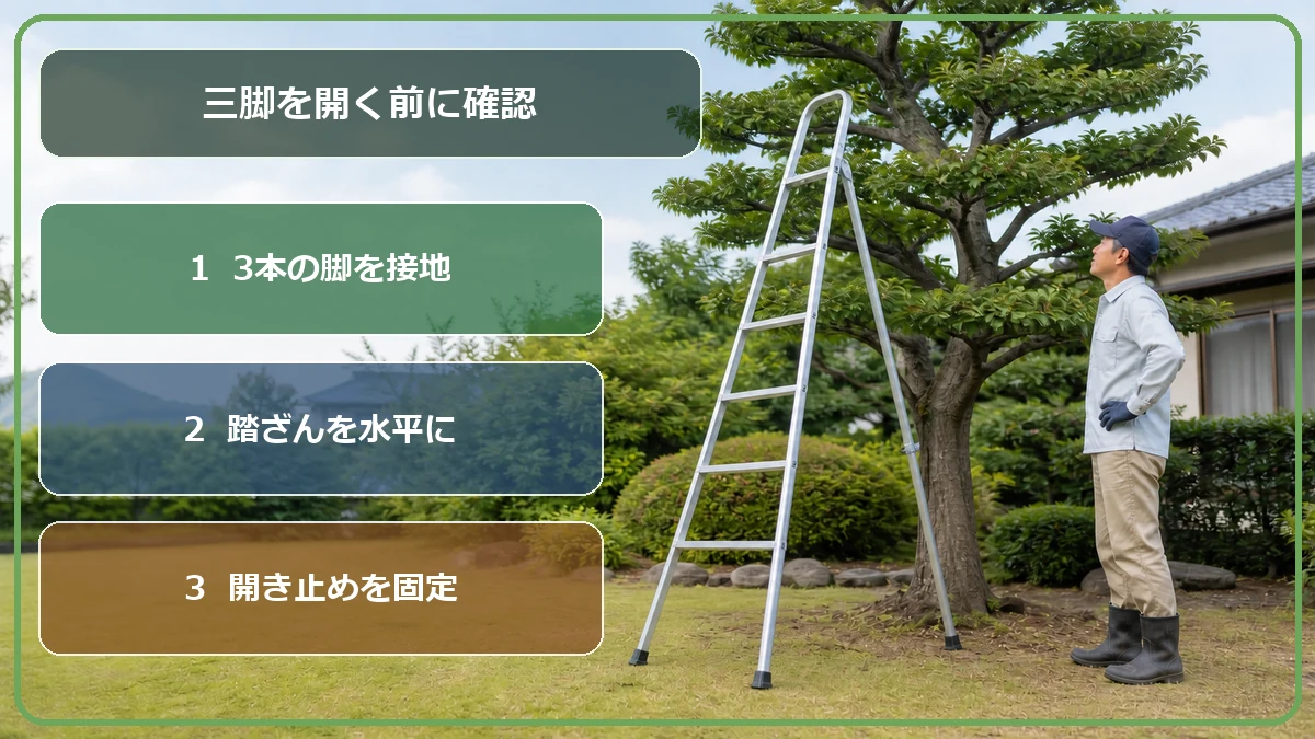 園芸用三脚の後ろ支柱調整と安全な設置場所を示す図解