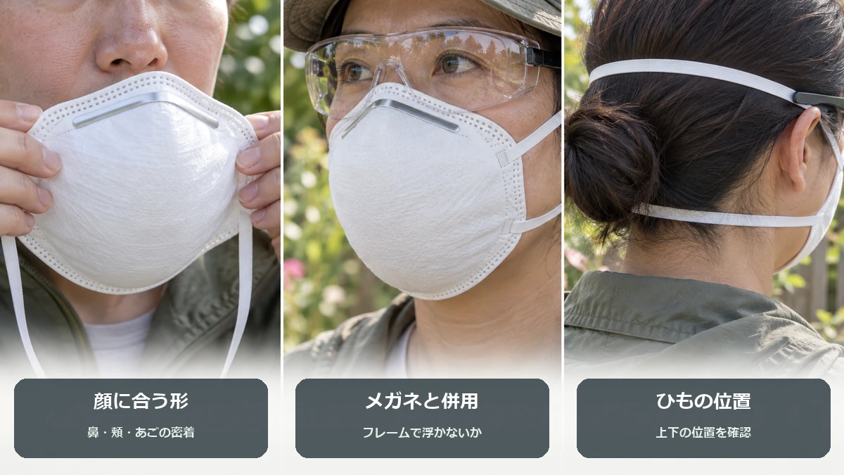 防じんマスクを選ぶときは顔への密着、保護メガネとの重なり、頭の上下に掛けるひもの位置を確認するイメージ図