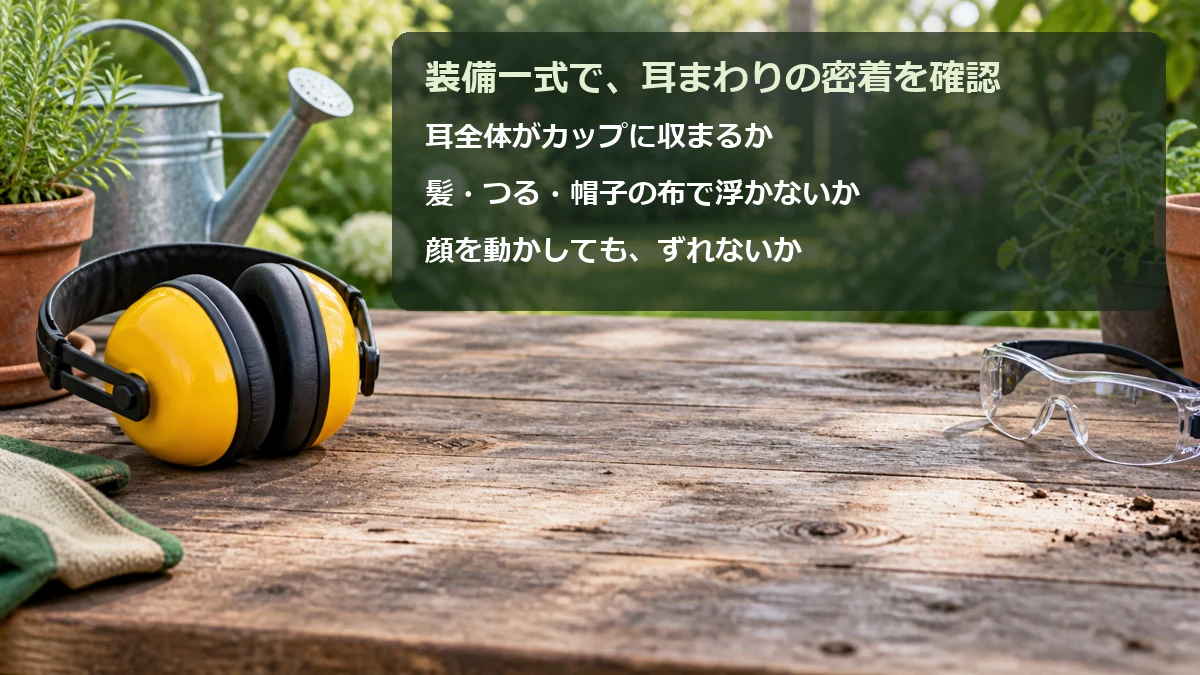 イヤーマフの密着確認は耳全体を覆う、髪やつるのすき間を確かめる、装備一式で調整するの3点