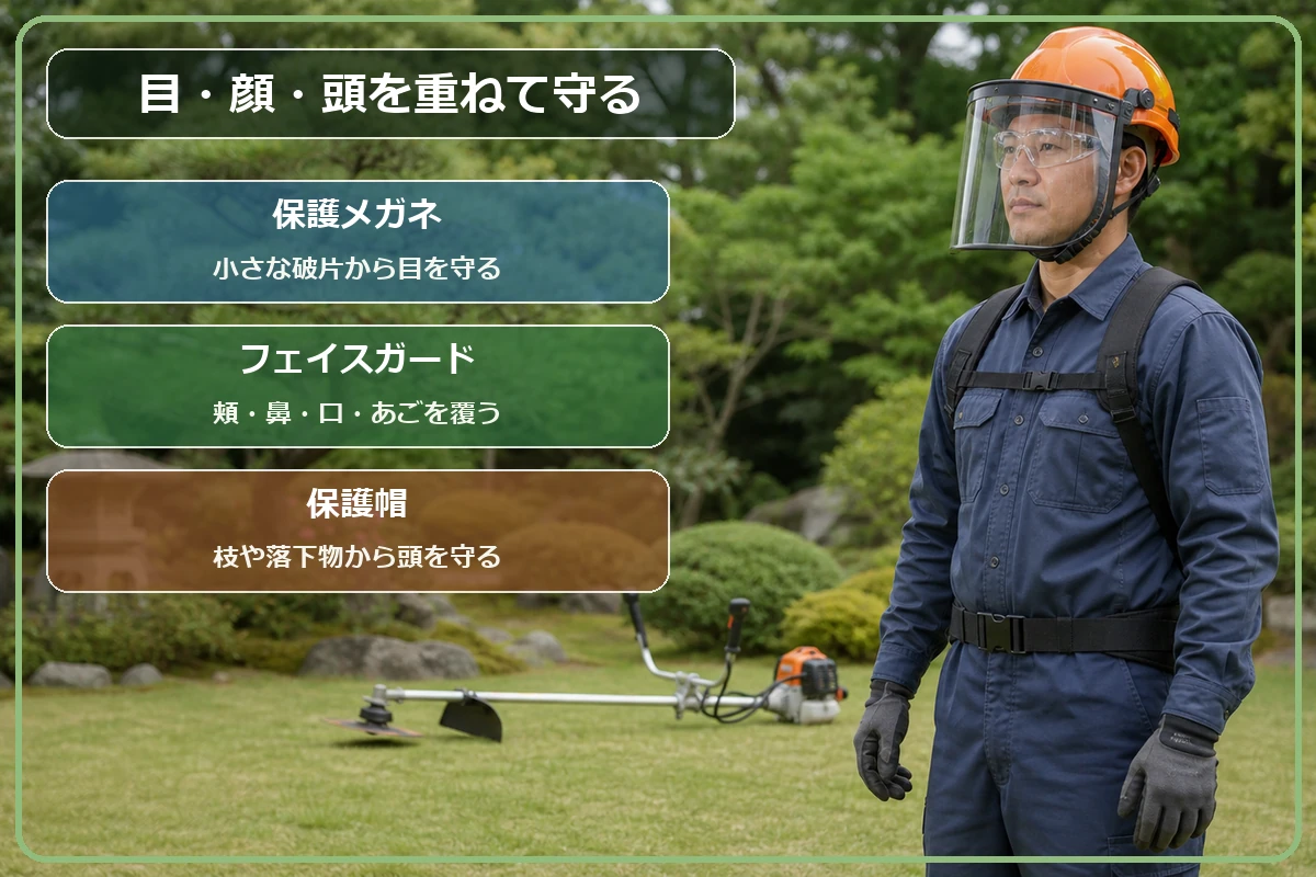 草刈り作業で保護メガネ・フェイスガード・保護帽を重ねて使う安全装備を示した図解