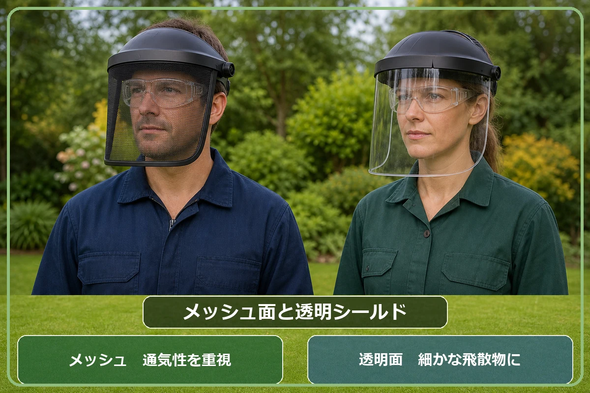 草刈り用フェイスガードのメッシュ面と透明シールドを、通気性と飛散物対策で比較した図解