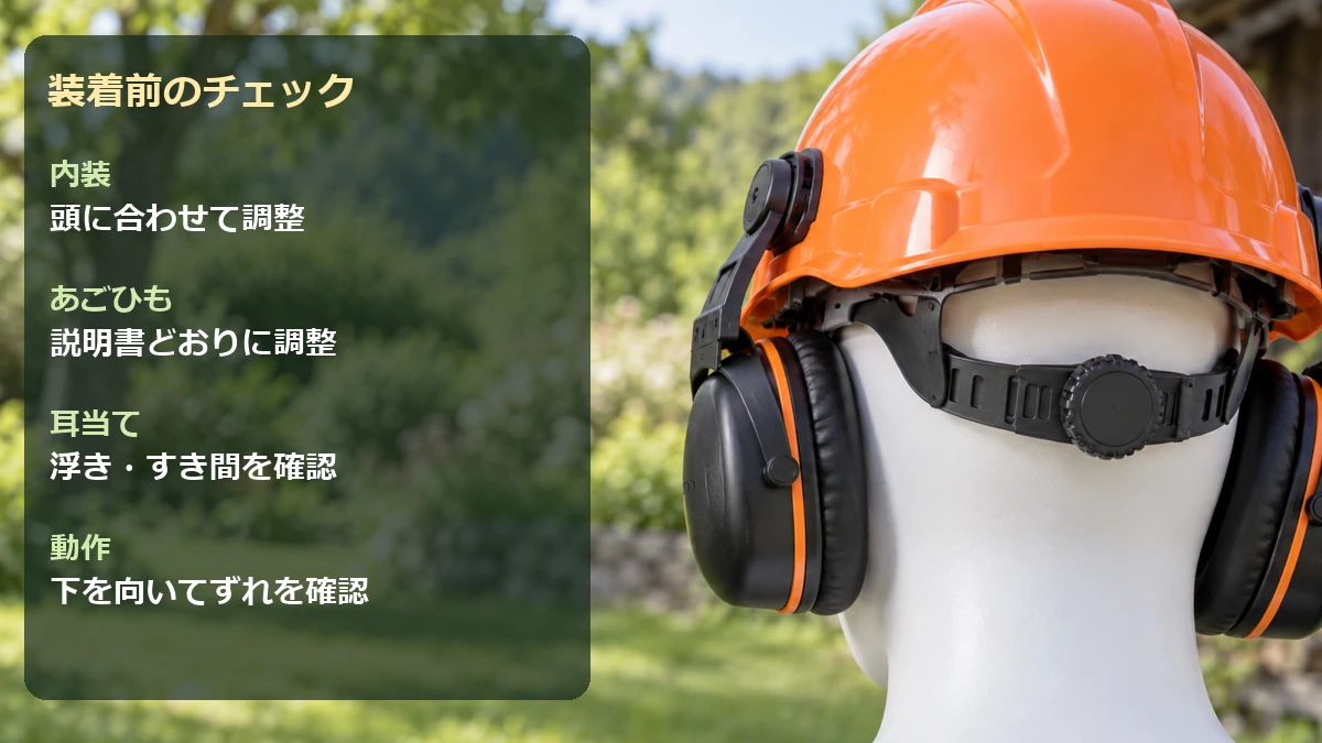 ヘルメットの内装を頭に合わせ、あごひもと耳当ての密着を確認する装着チェック