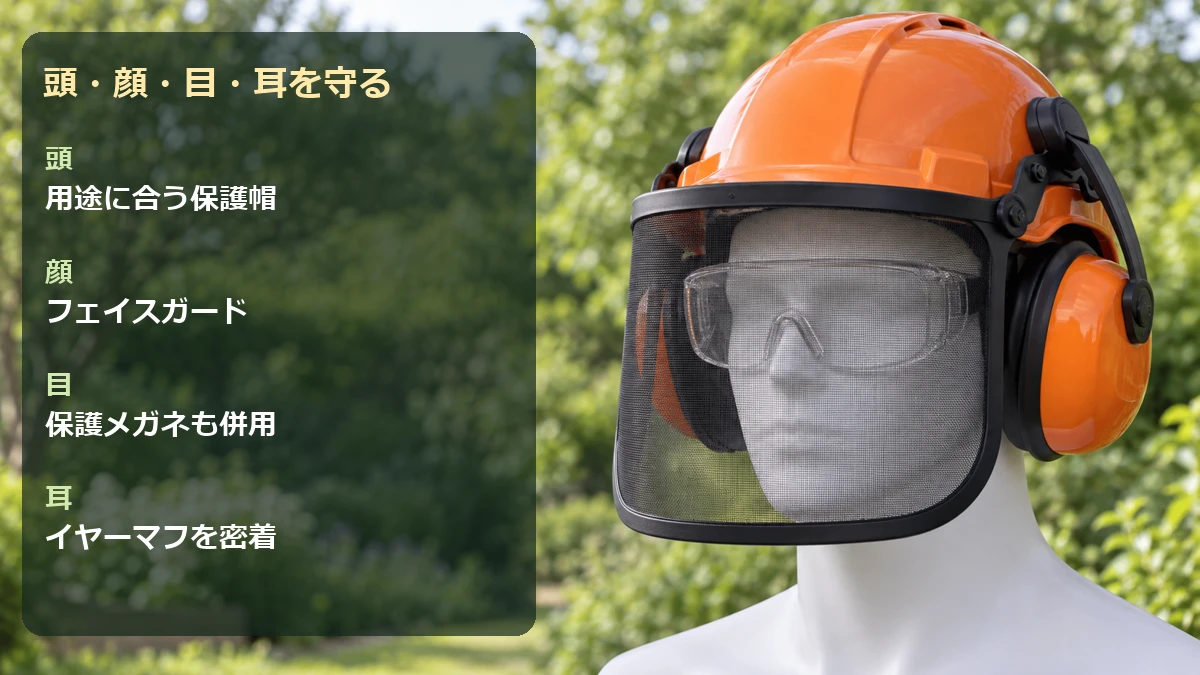 頭はヘルメット、顔はフェイスガード、目は保護メガネ、耳はイヤーマフで保護する組み合わせ
