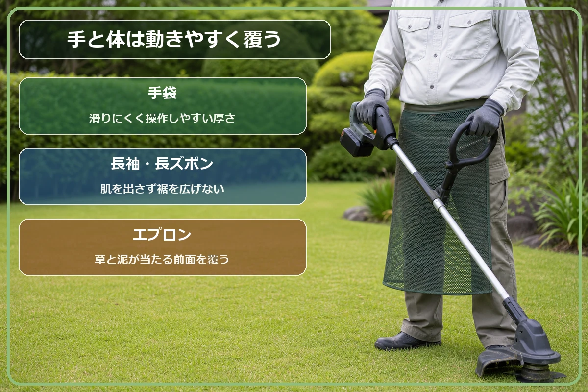 草刈りで手袋、長袖、長ズボン、メッシュエプロンを着用するポイントを示した図解