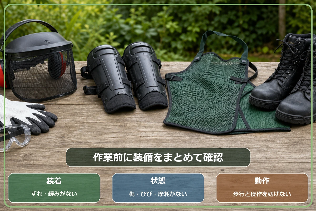 保護メガネ、フェイスガード、手袋、すね当て、エプロン、作業靴を並べた草刈り装備の確認図