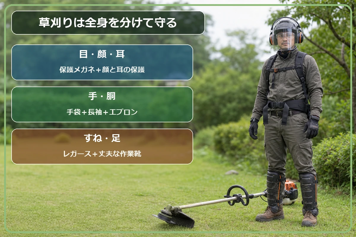 草刈りで目と顔、手、すねと足を保護する装備を全身で示した図解