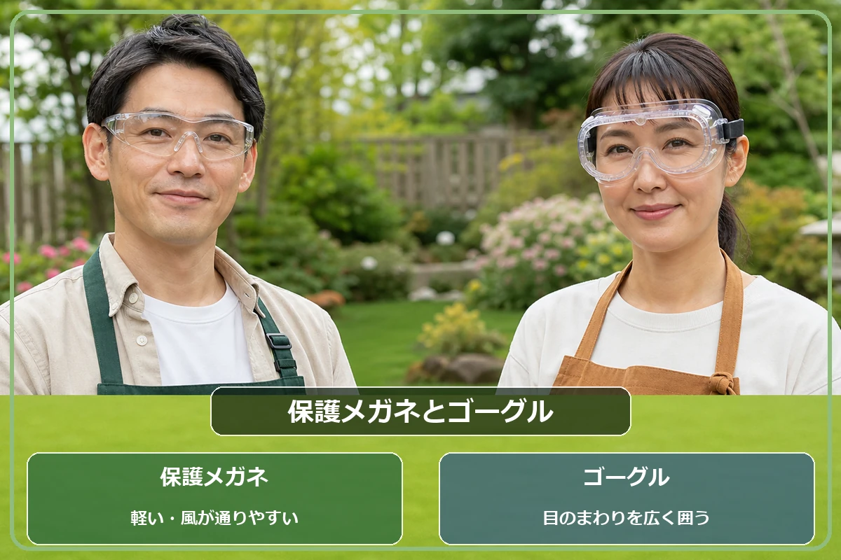 草刈り用の保護メガネとゴーグルを、軽さ・通気性・囲う範囲で比較した図解