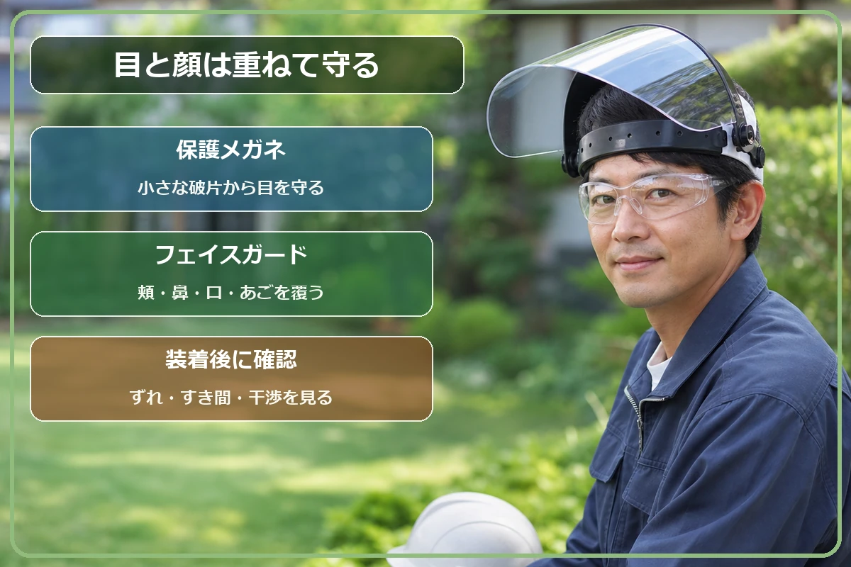 保護メガネの上からフェイスガードを重ねて目と顔を守る方法を示した図解