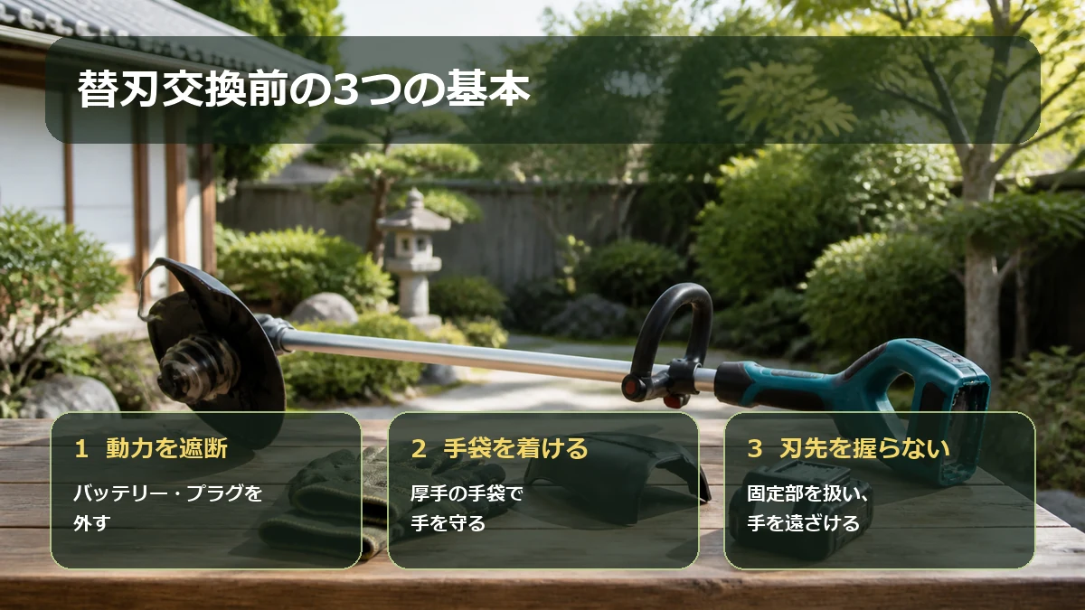 草刈機の替刃交換前にバッテリーを外し、手袋を着け、刃先から手を遠ざける3つの基本