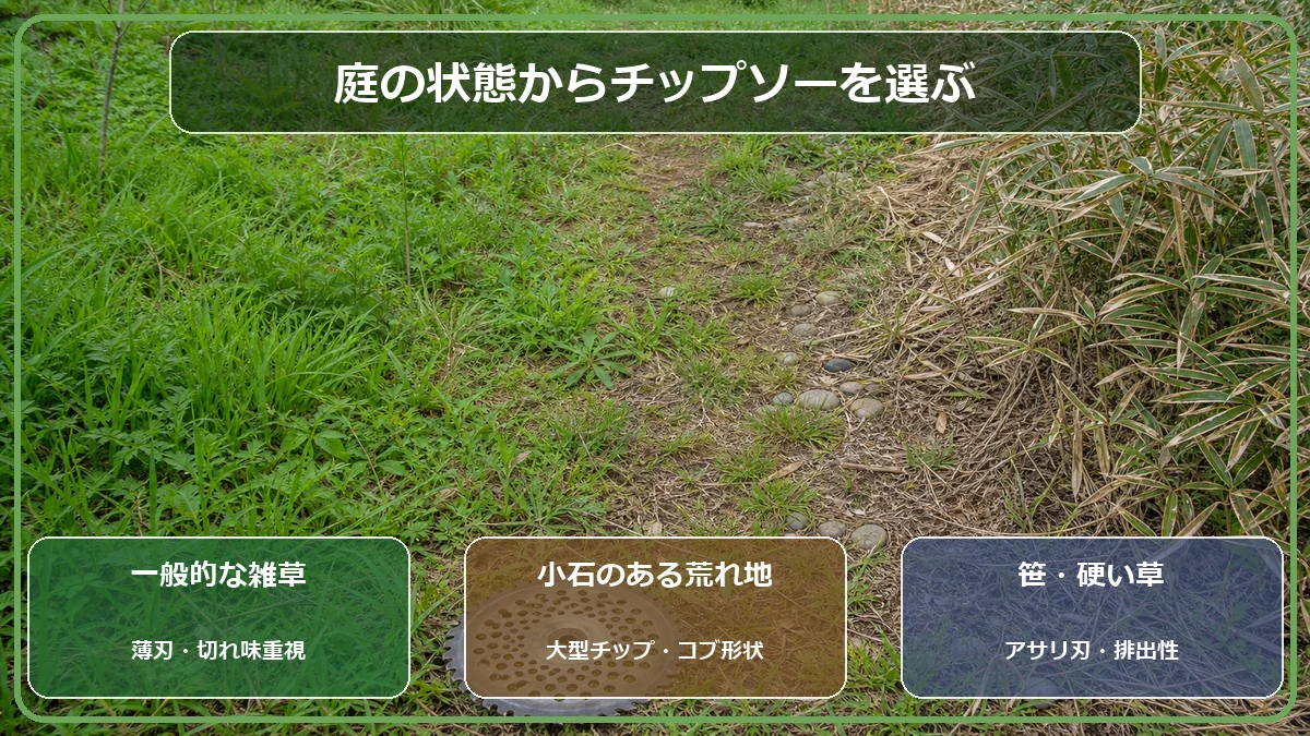 一般草・小石のある荒れ地・笹や硬い草に合うチップソーの選び分け
