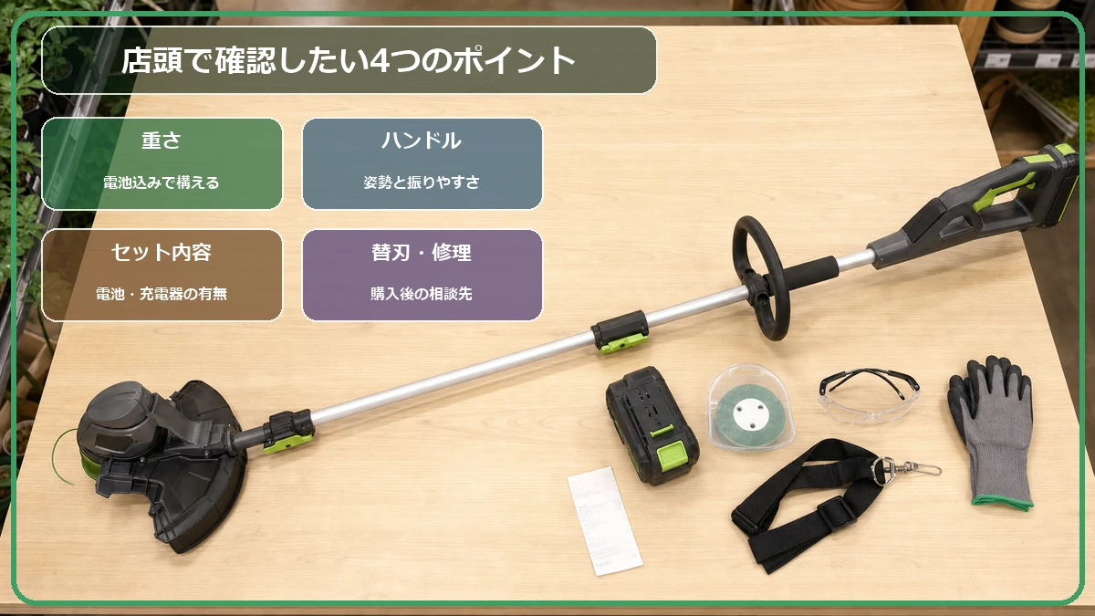 ホームセンターで草刈機の重さ、ハンドル、セット内容、替刃を確認するポイントを示した図解