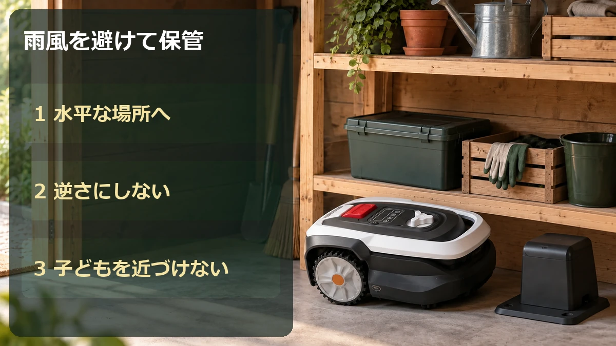 ロボット芝刈機を雨風の当たらない安定した場所に置き、逆さにしない保管の要点
