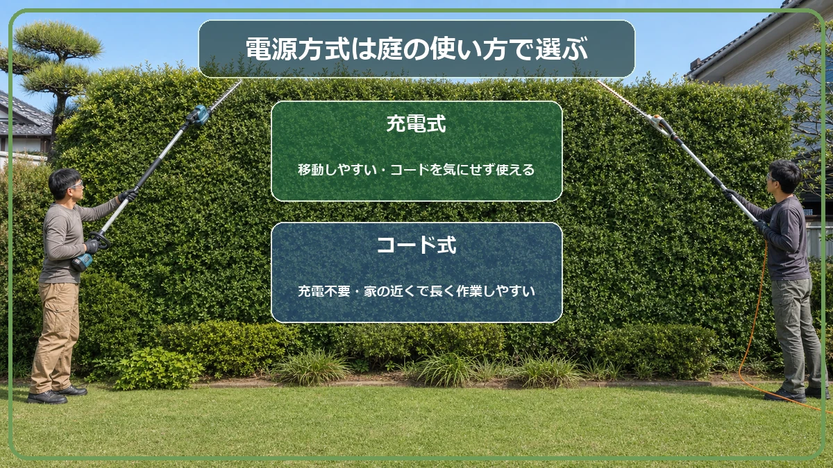 充電式とコード式の高枝バリカンが向く庭を比較した図解