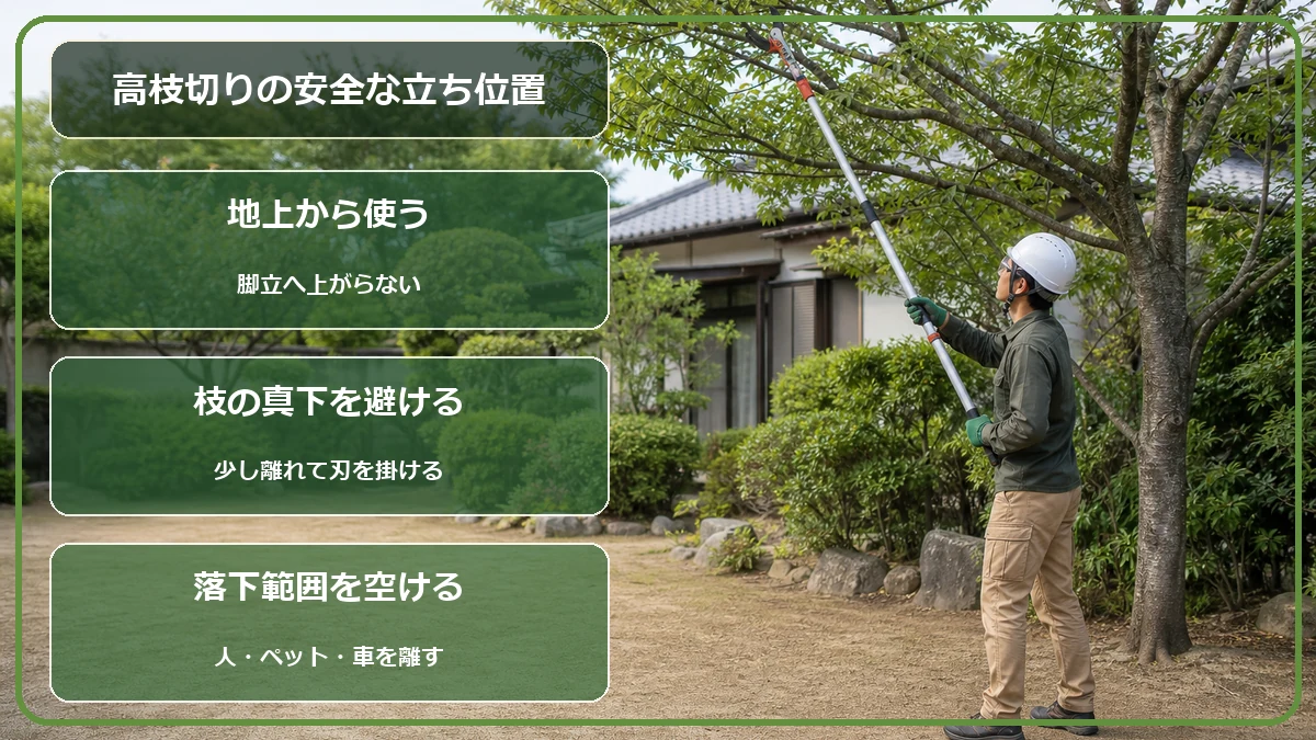 高枝切りばさみを使うときに枝の真下を避けて落下範囲を空ける安全な立ち位置