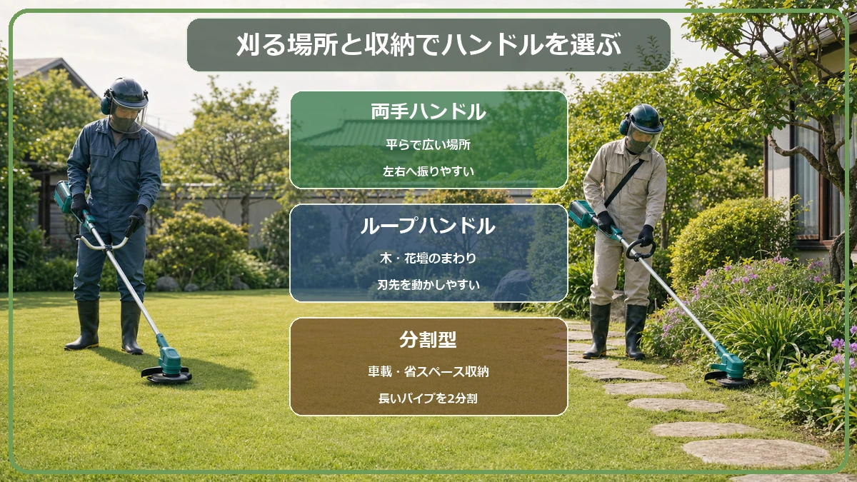 HiKOKI草刈機の両手ハンドル、ループハンドル、分割型の選び方を示す図解