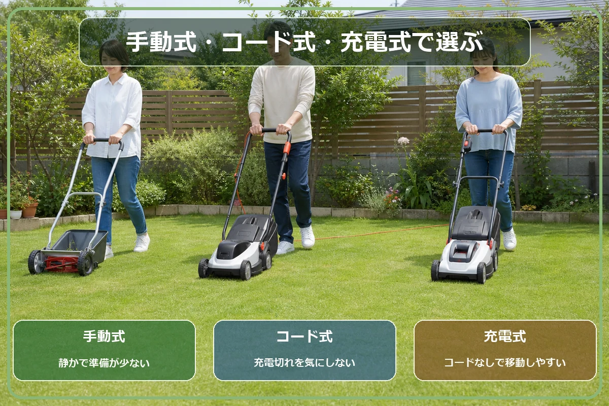 手動式・コード式・充電式の3種類の動力を比較した図解