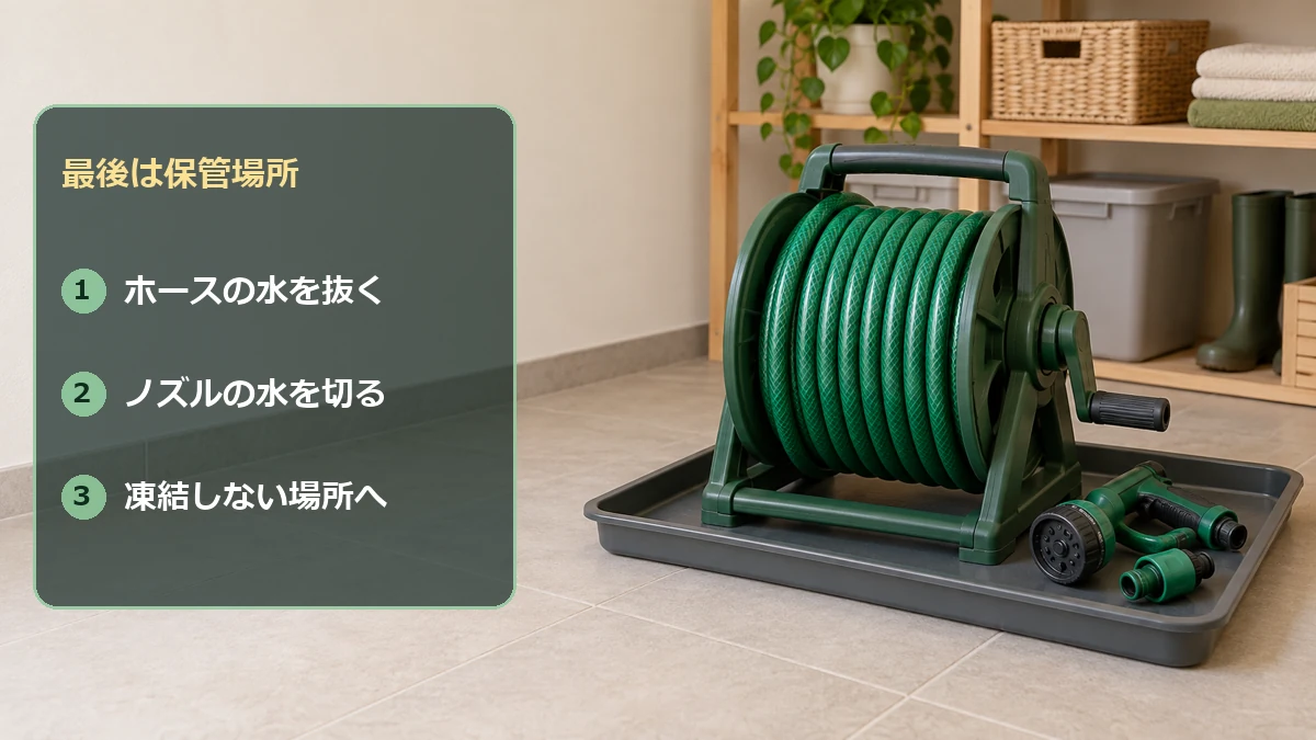 水を切ったホースリールとノズルを、凍結しない屋内の場所に保管する考え方
