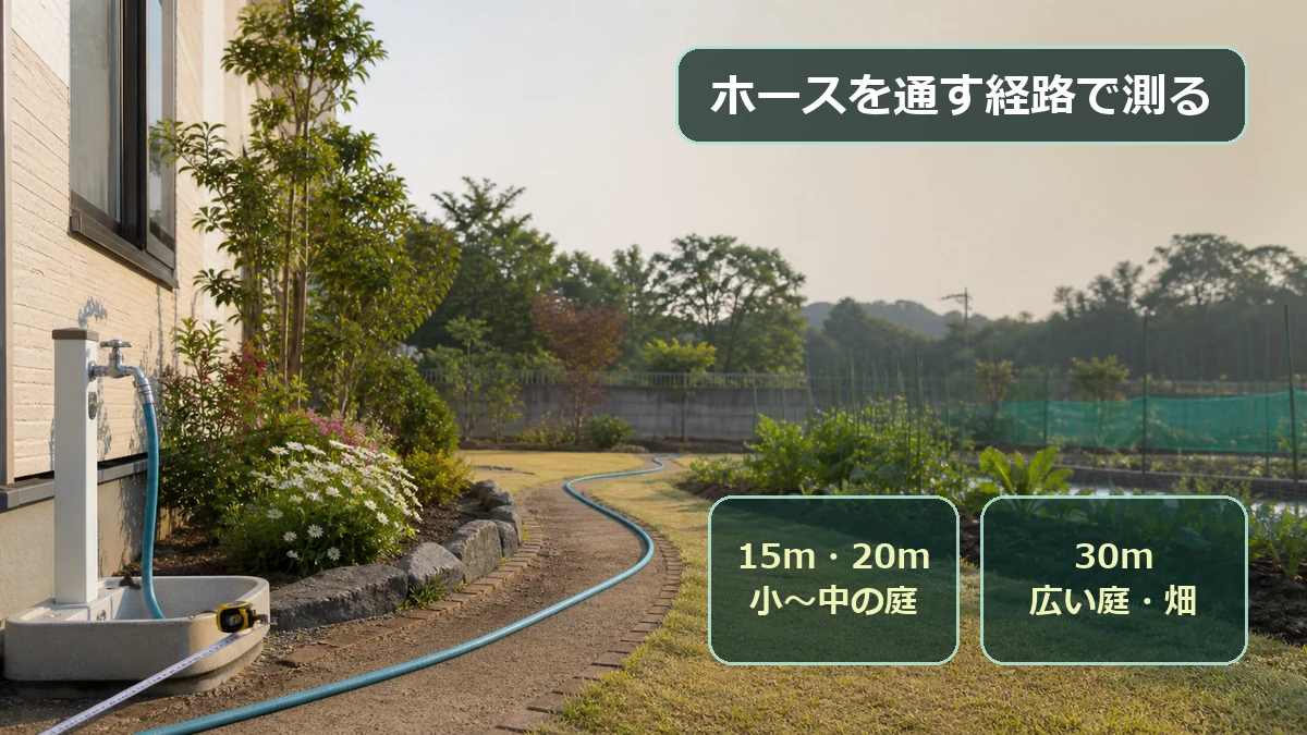 蛇口から庭の端までホースを通す実際の経路を測り15m・20m・30mを選ぶ図解