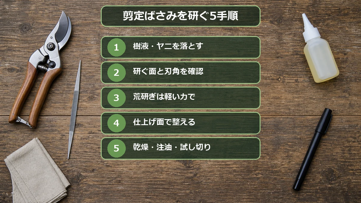 剪定ばさみを汚れ落とし・研ぐ面の確認・荒研ぎ・仕上げ・注油の順で手入れする図解