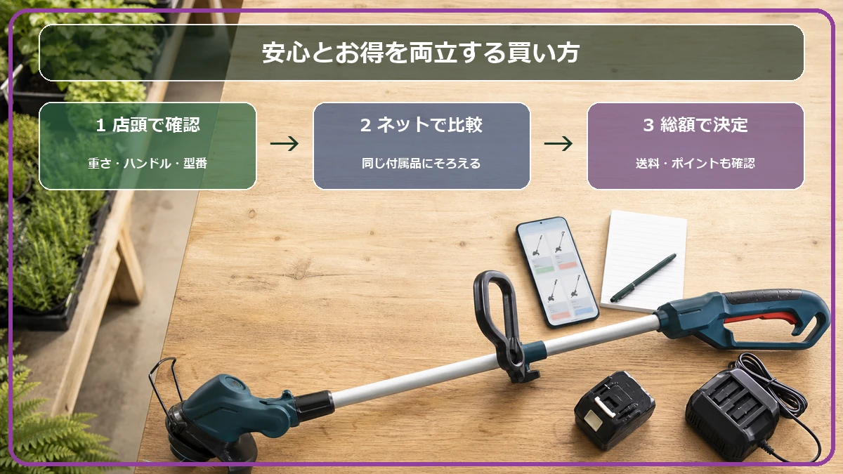 コメリ店頭で草刈機を確認してからネットで型番とセット内容と総額を比較する流れ
