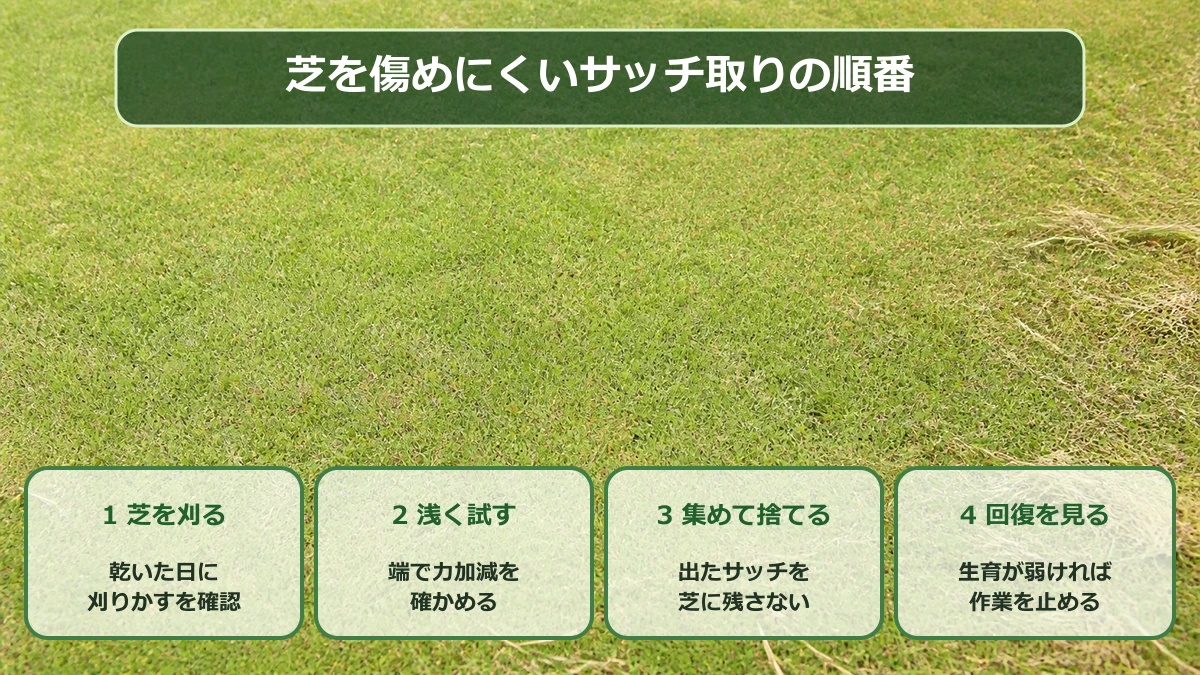 芝を傷めにくいサッチ取りの順番を示す図解