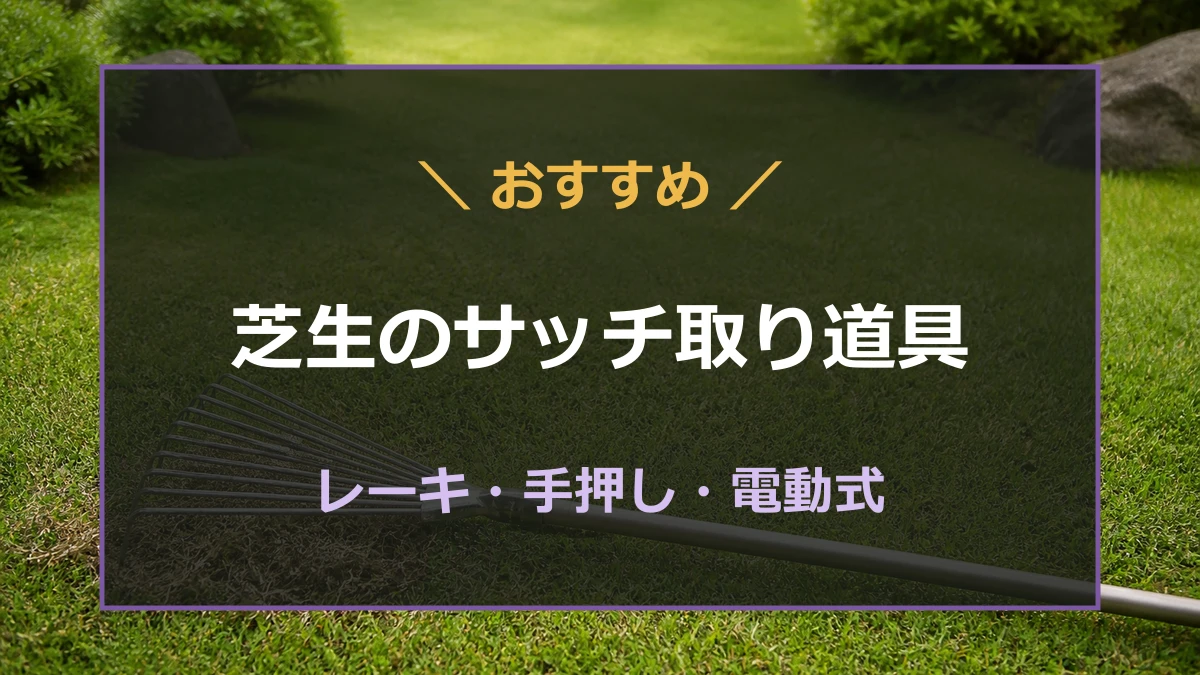 芝生のサッチ取りに使うレーキ・手押し式・電動式の道具を紹介するアイキャッチ