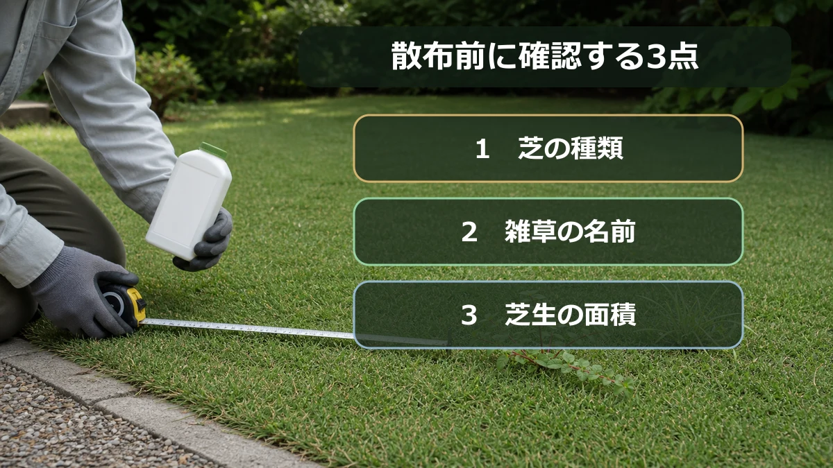 芝の種類と雑草と面積を確認して芝生用除草剤を選ぶ手順の図解